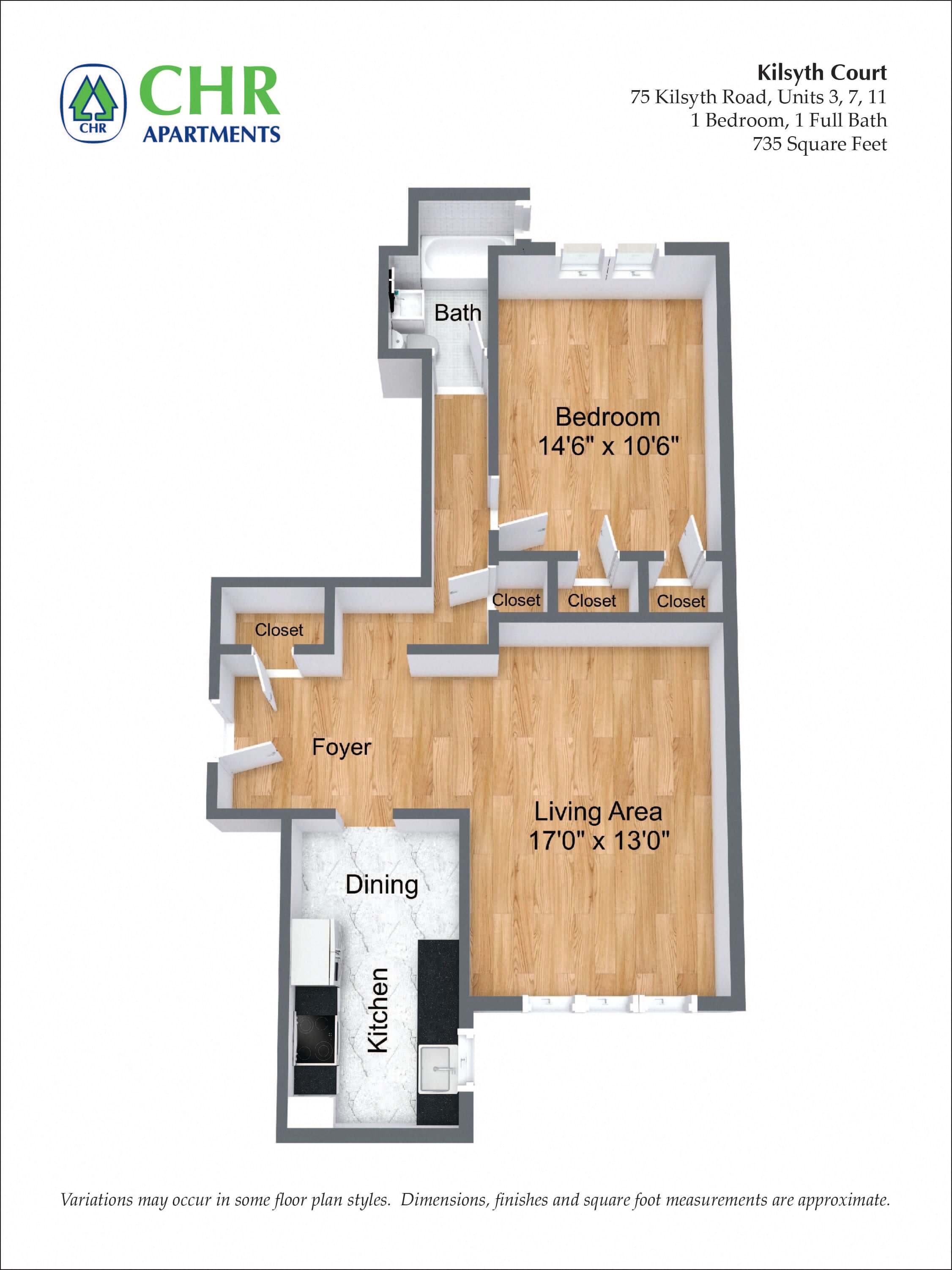 Floor plan for 1 bed, 1 bath, 830 sqft